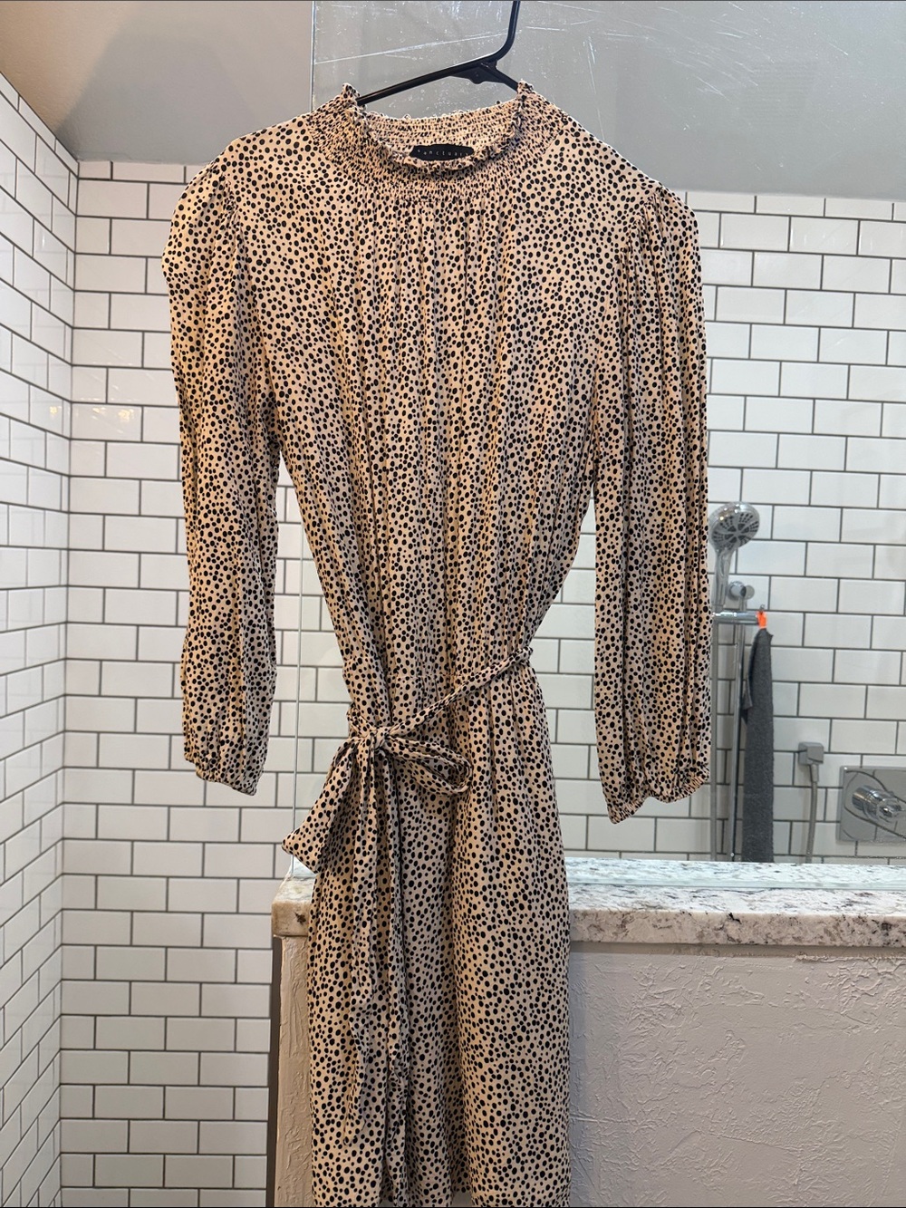 Sanctuary Beige Dress with Black Polka Dots Long Sleeve Midi